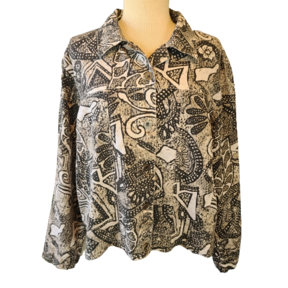 Chico's Black and White Patterned Bomber Jacket